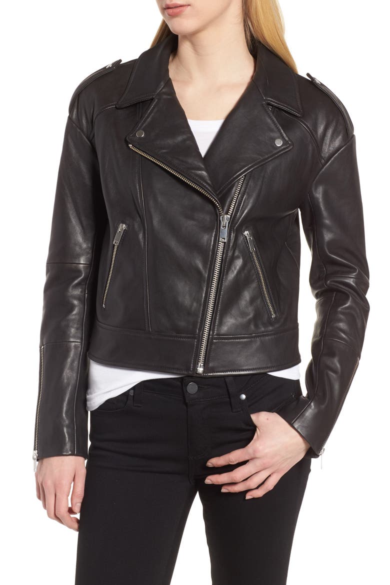 Crop Leather Biker Jacket, Alternate, color, BLACK