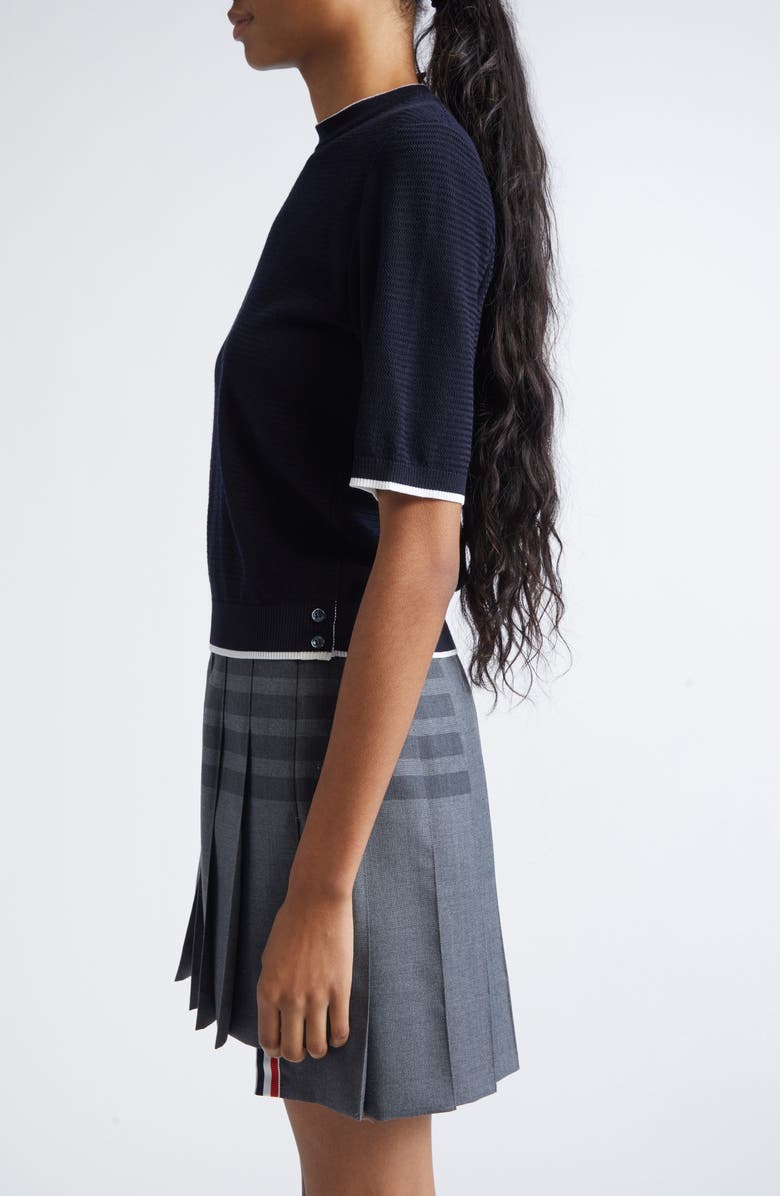 Thom Browne Tipped Textured Stitch Short Sleeve Virgin Wool Top, Alternate, color, Navy