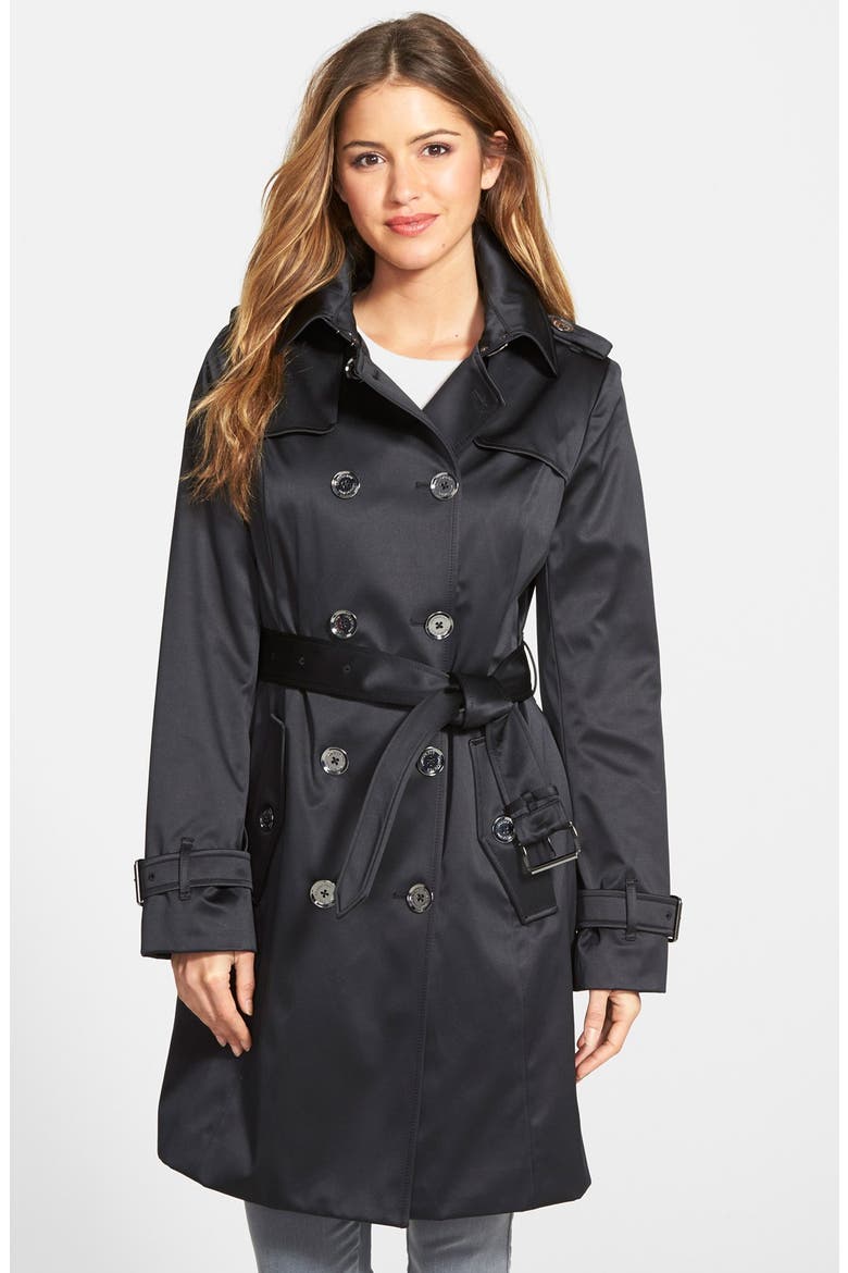 Heritage Satin Double Breasted Trench Coat, Main, color, BLACK