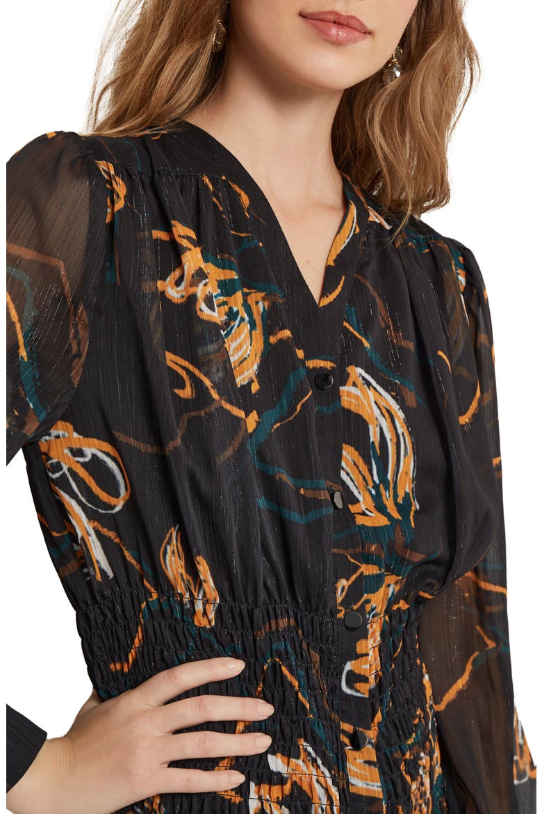 Print Smocked Waist Long Sleeve Midi Dress, Alternate, color, BLACK/ OCHR/ MUL