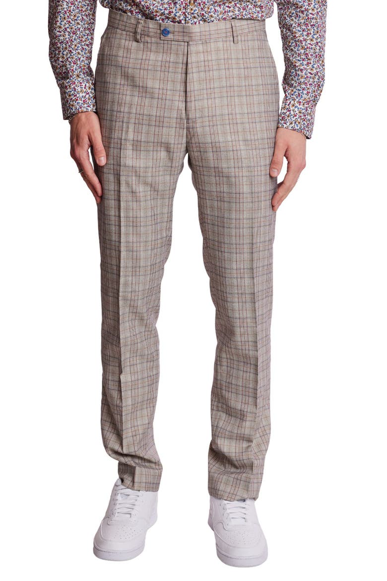 Downing Slim Flat Front Plaid Dress Pants, Main, color, TAN PINK BLUE PLAID