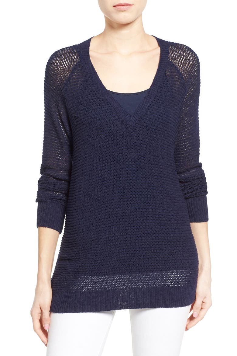 Textured Cotton V-Neck Sweater, Main, color, NAVY PEACOAT