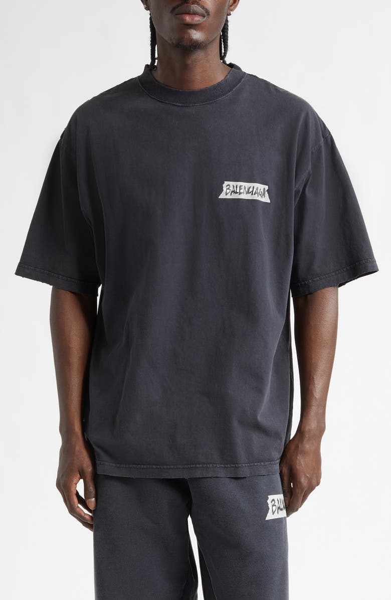 Balenciaga Masking Tape Logo Dry Jersey T-Shirt, Main, color, 1041 Faded Washed Black