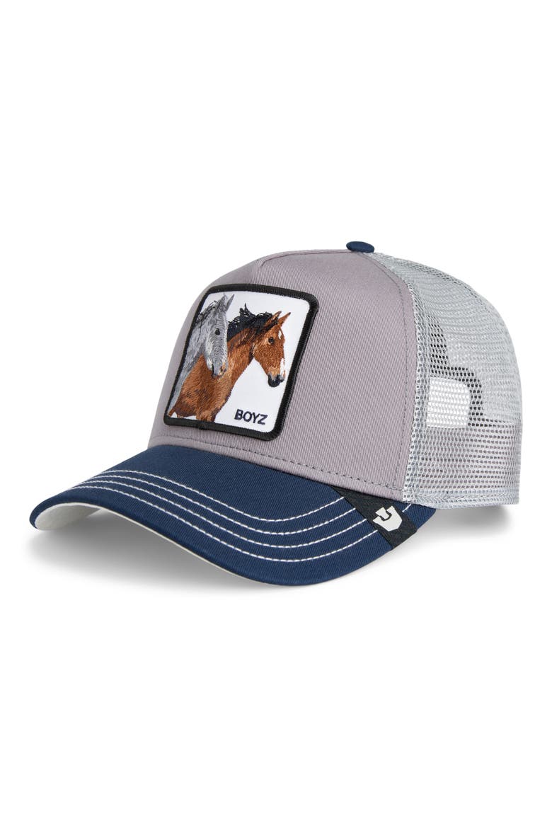 The Boyz Patch Trucker Hat, Main, color, GRAY / NAVY