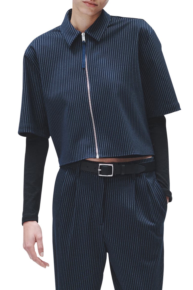 Stripe Ponte Zip-Up Top, Main, color, NAVY STRIPE