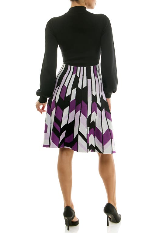 Nina Leonard Mock Neck Long Sleeve Mixed Media Dress In Black