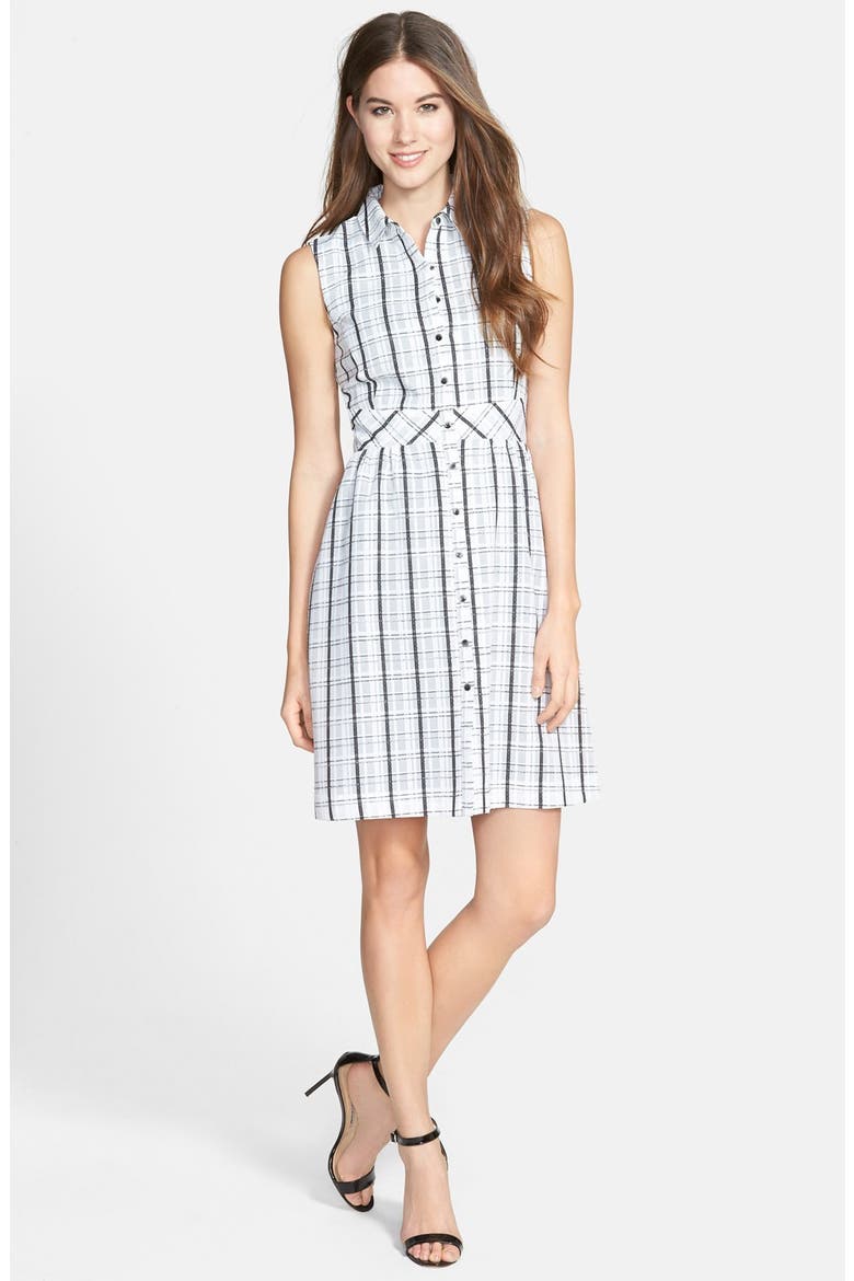 Plaid Sleeveless Shirtdress, Main, color, WHITE- BLACK TEXTURE PLAID