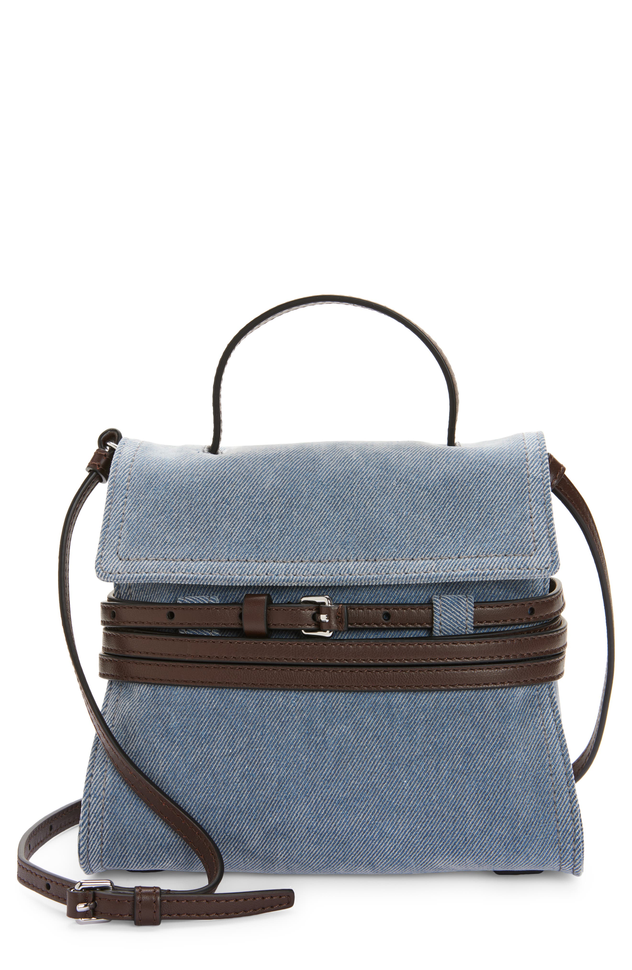 Moschino Tie Me Denim Handheld Bag, Main, color, Sky Blue/ Dark Brown