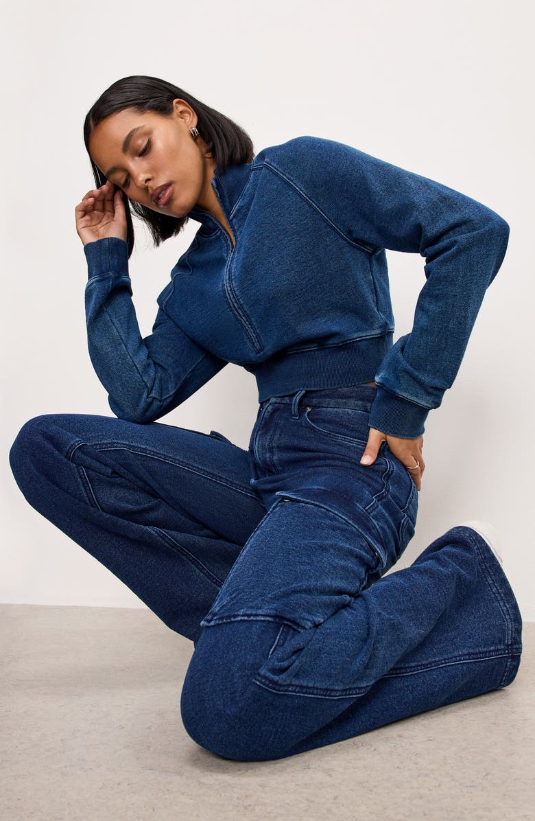 Good American Jeanius Good Skate Wide Leg Cargo French Terry Pants, Alternate, color, Indigo377