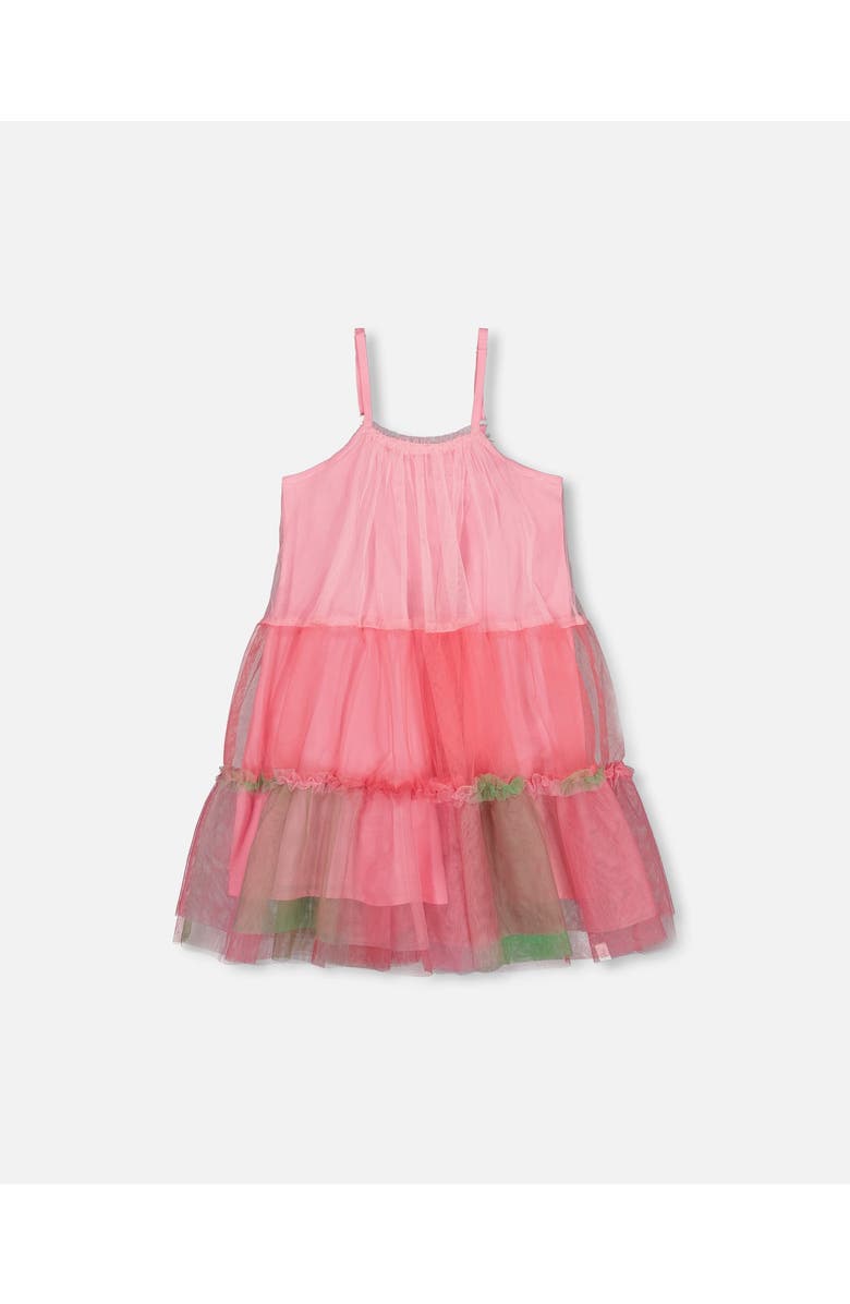 Deux par Deux Girl's Sleeveless Color Block Tulle Dress Pink And Green, Main, color, 