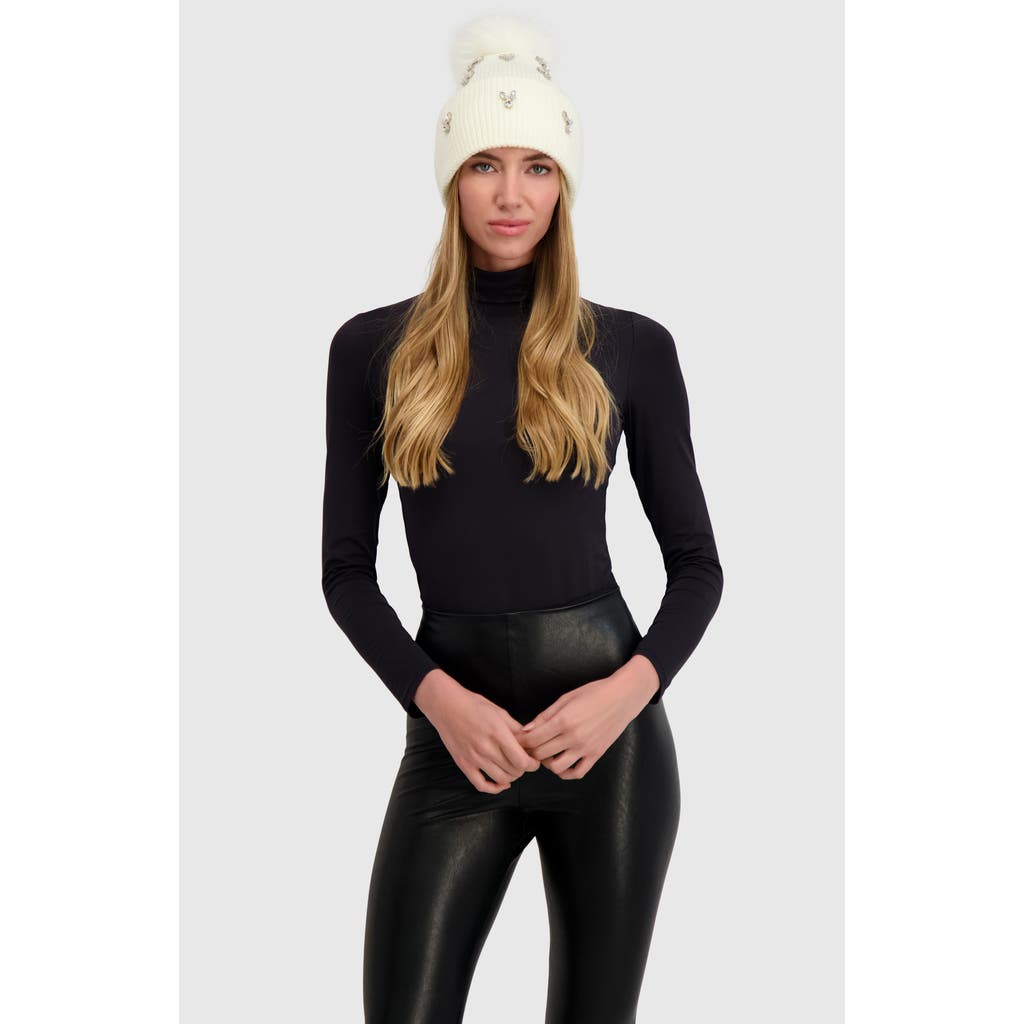 Lyla Grant Knit Hat With Fur-free Fox (faux Fur) Pompom In White