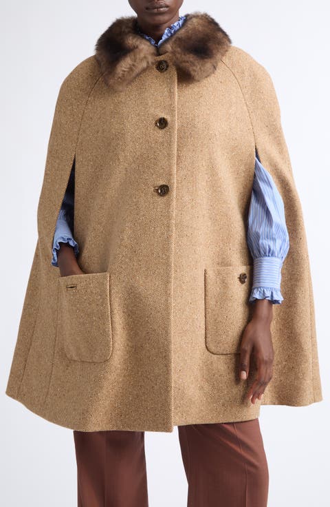 Textured Wool Blend Tweed Cape Coat