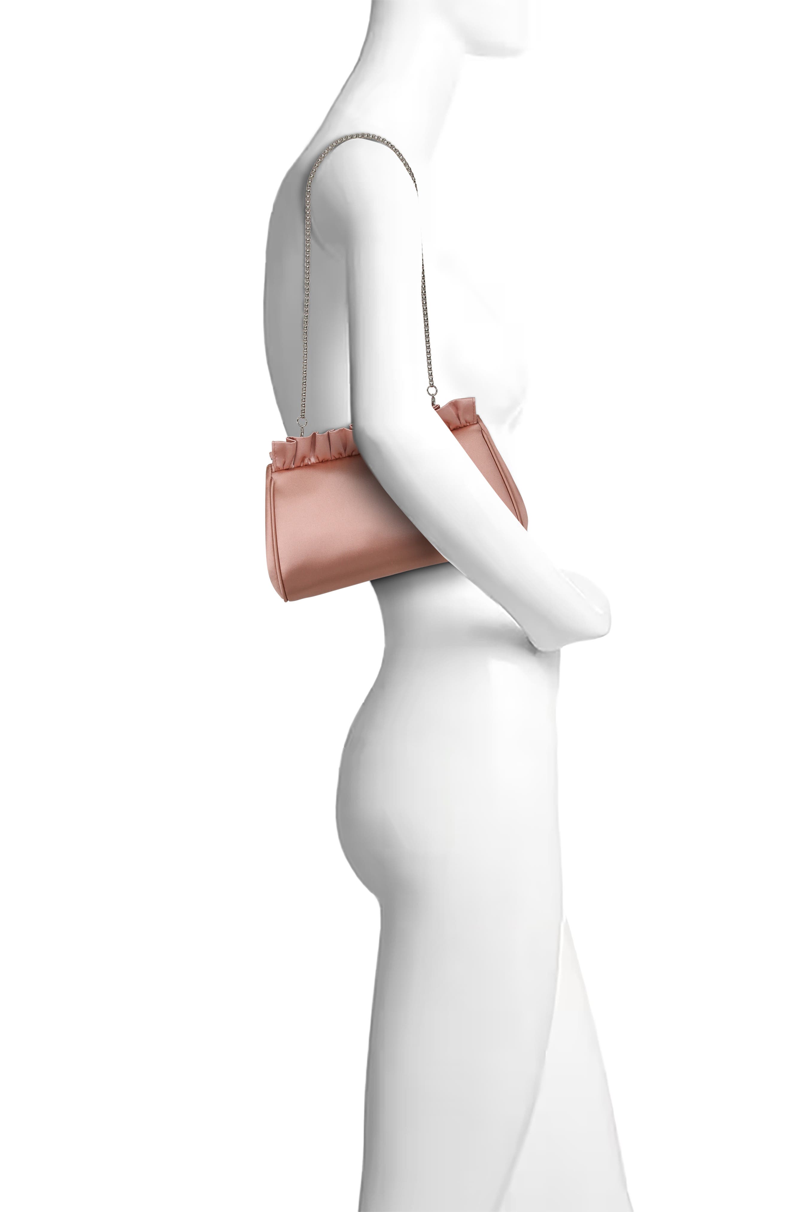 Jewel Badgley Mischka Olivia Satin Ruffle Top Pouch Clutch, Alternate, color, English Rose