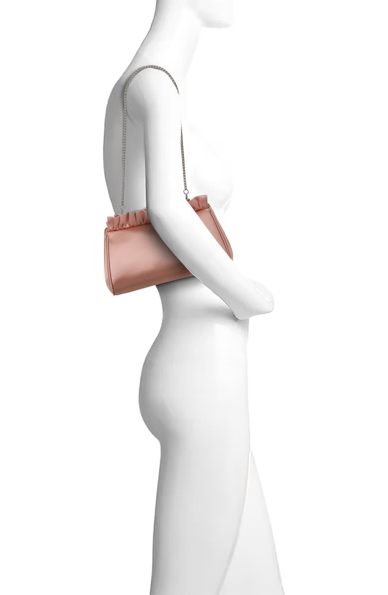 Jewel Badgley Mischka Olivia Satin Ruffle Top Pouch Clutch, Alternate, color, English Rose