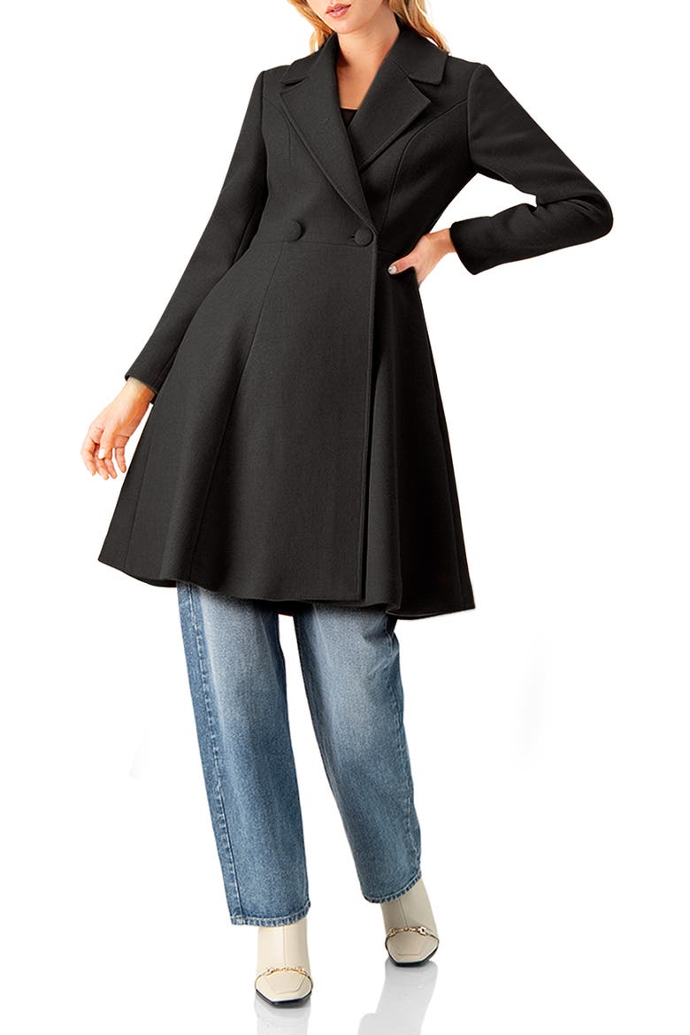 Notched-Lapel Wool-Blend Fit-and-Flare Coat, Alternate, color, Black