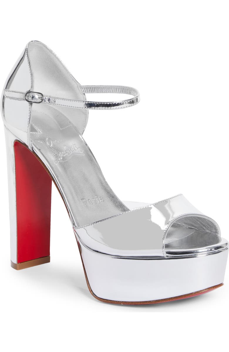 Christian Louboutin Sandaloo Metallic Peep-Toe Sandal, Main, color, Silver