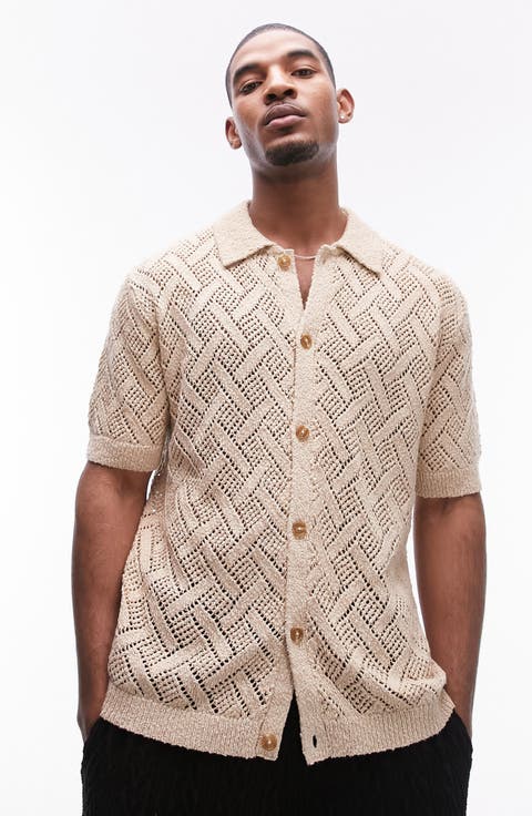 Open Stitch Cotton Blend Button-Up Shirt