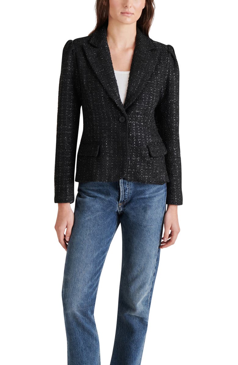 Steve Madden Cinched Tweed Blazer, Alternate, color, Black