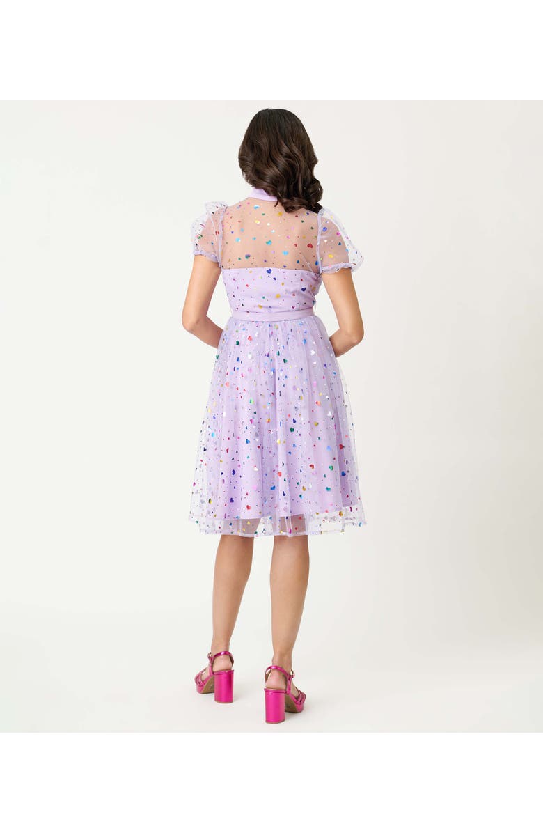 Unique Vintage 1950s Short Sleeve Collared Hollie Swing Dress, Alternate, color, Purple Heart Confetti