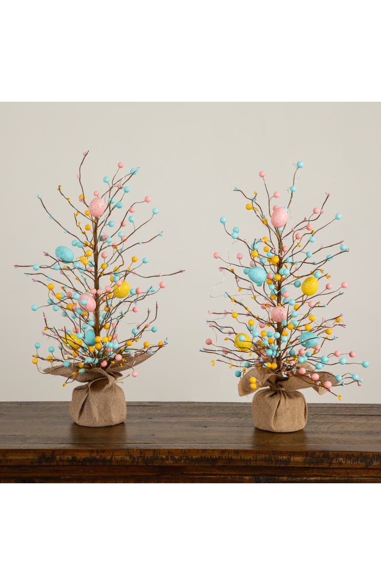 NEARLY NATURAL 24-in Pre-Lit Artificial Easter Egg Twig Tree with 30 LED Lights in Burlap Wrapped Base - Set of 2, Alternate, color, Brown