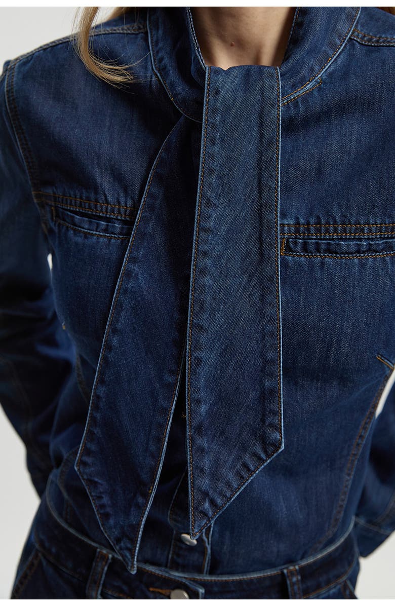 Karen Millen Denim Pussybow Blouse, Alternate, color, Mid Blue