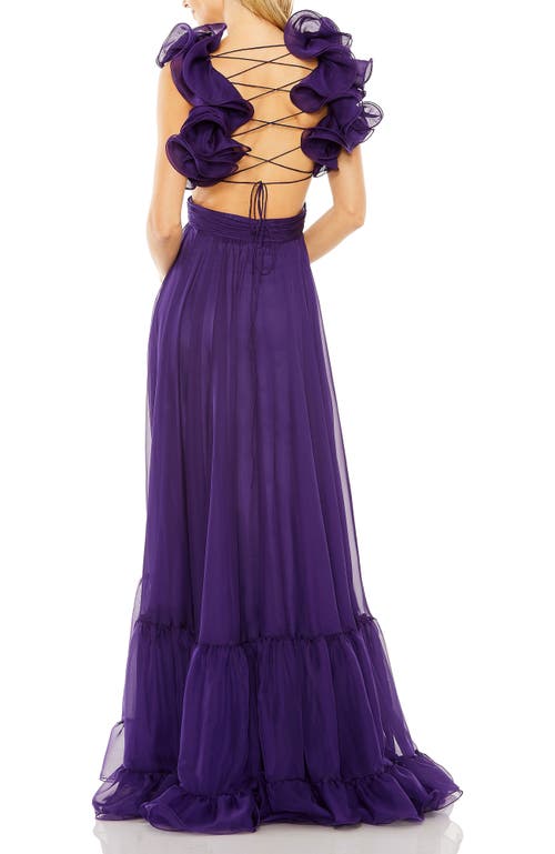 Mac Duggal Ruffle Tiered Cut-out Chiffon Gown In Royal Purple