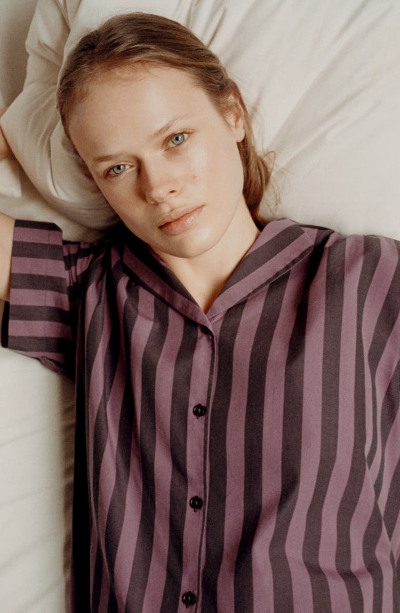 MANGO Stripe Cotton Pajama Top, Alternate, color, Plum