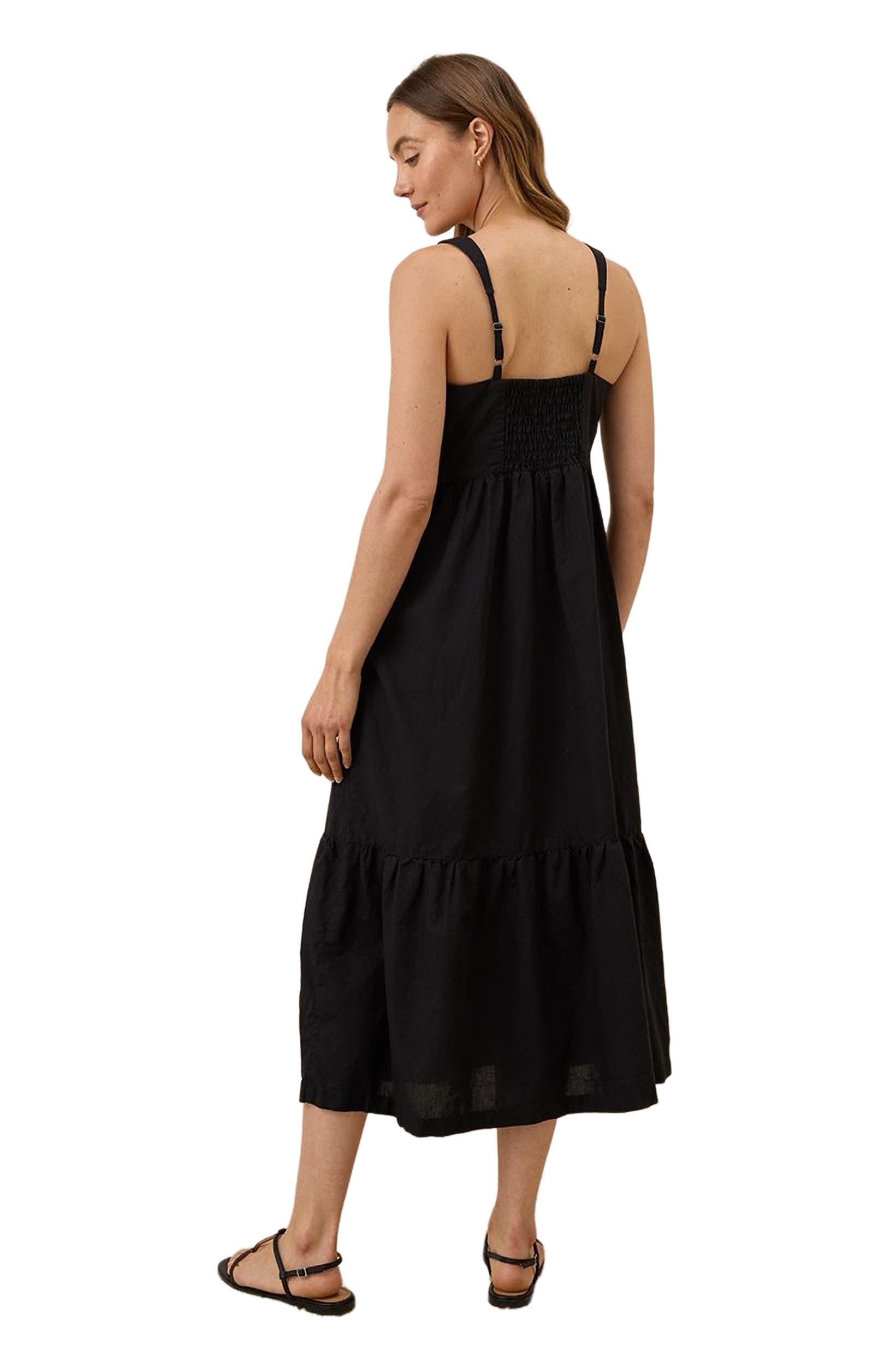 pact canopy linen blend button front dress Pact Canopy Linen Blend Notch Neck Dress Hermosa Stripe Blue XXS $118 MSRP  W9H