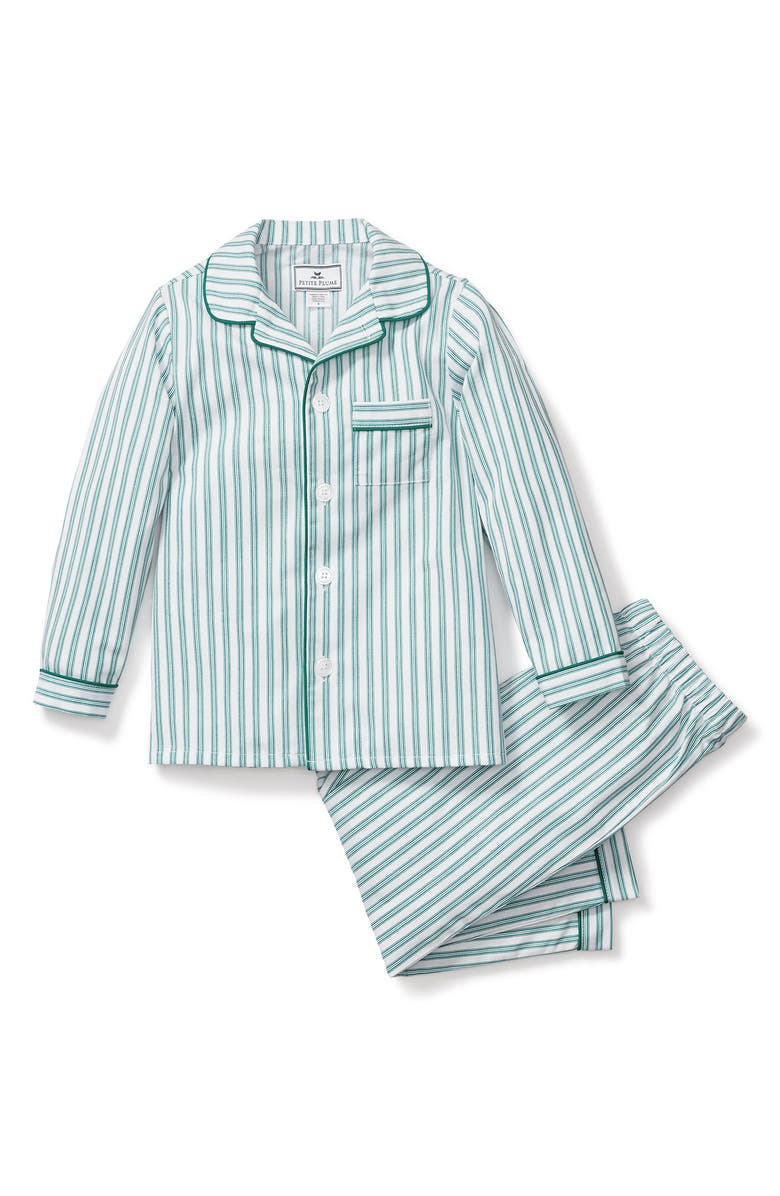 Petite Plume Kids' Emerald Ticking Stripe Two-Piece Pajamas, Main, color, 