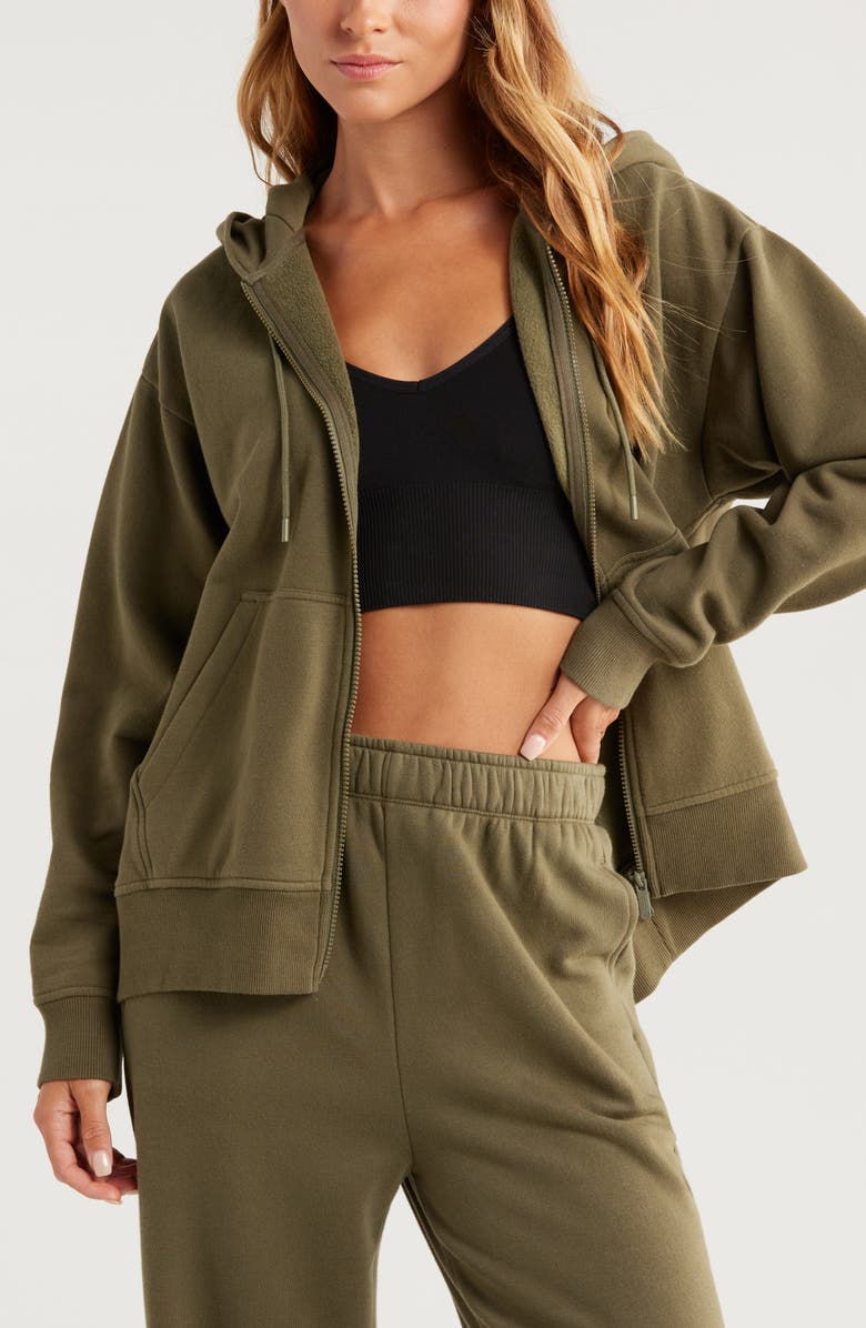 Zella Cloud Fleece Zip Hoodie, Main, color, Olive Night