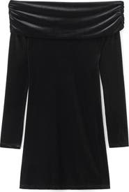 MANGO TEEN Off the Shoulder Long Sleeve Velvet Minidress