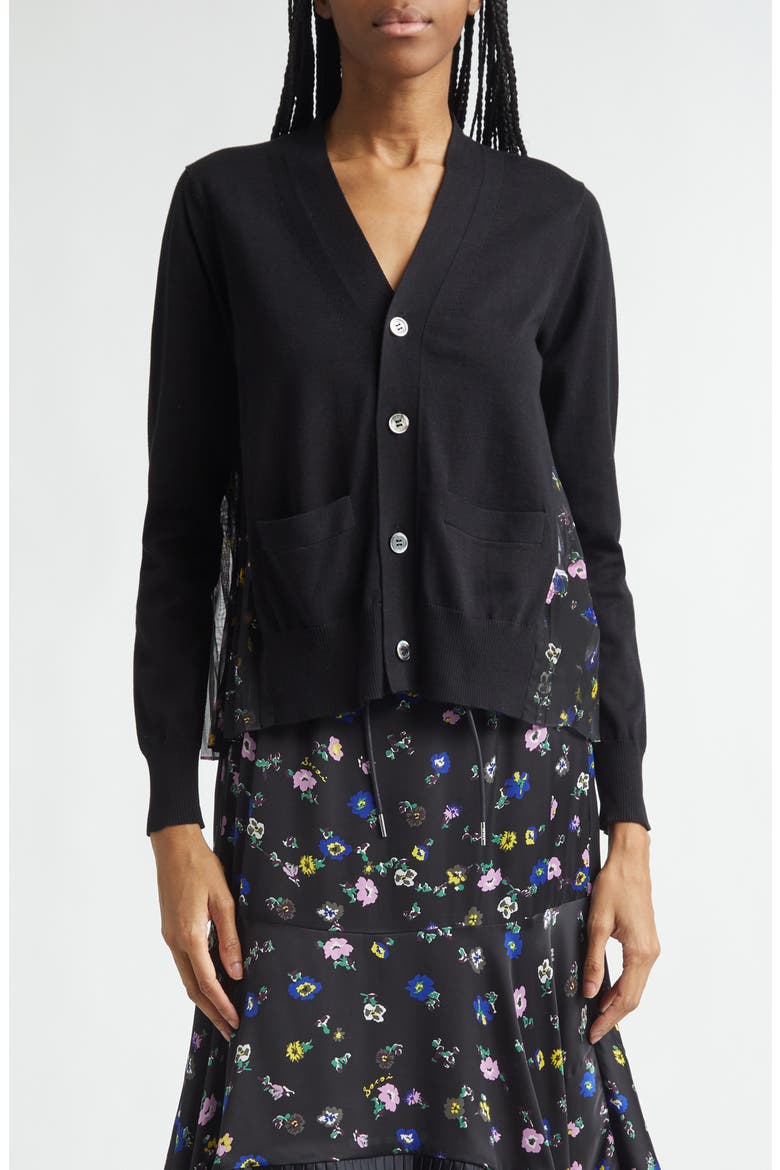 Mixed Media Pleated Floral Chiffon & Knit Cardigan, Main, color, BLACK/ BLACK