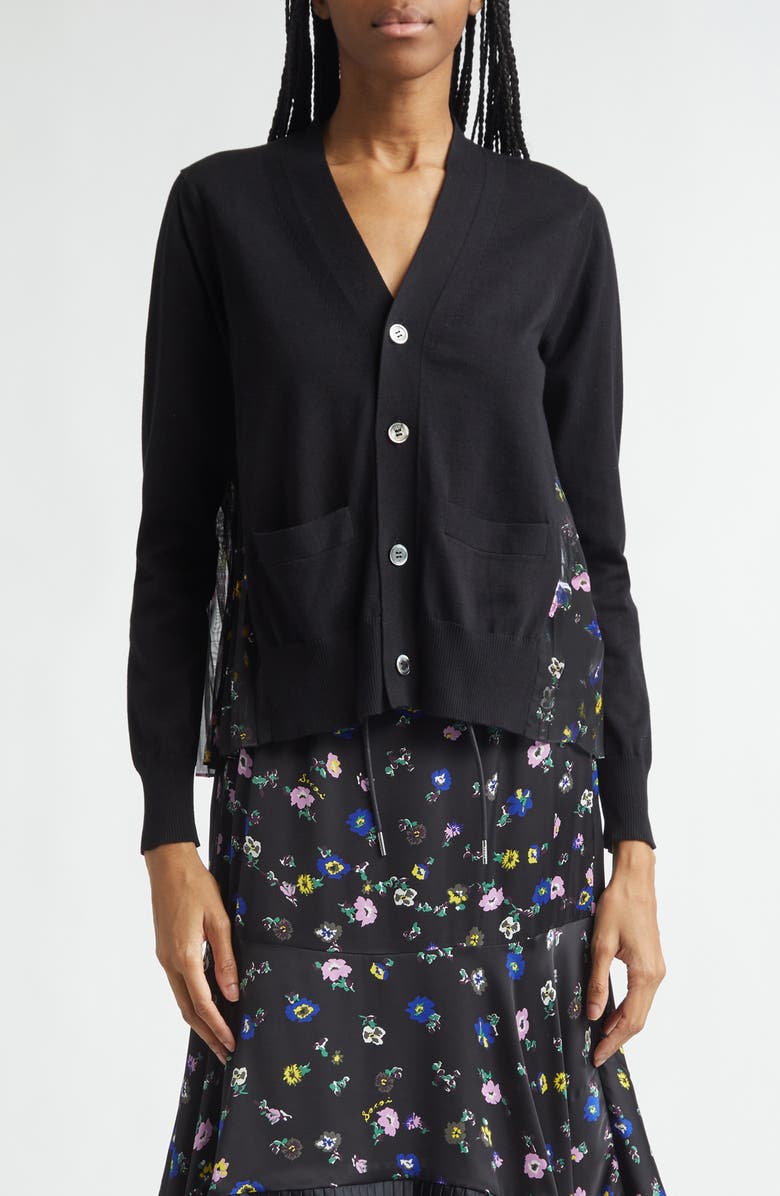 Sacai Mixed Media Pleated Floral Chiffon & Knit Cardigan, Main, color, Black/ Black