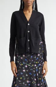Sacai Mixed Media Pleated Floral Chiffon & Knit Cardigan