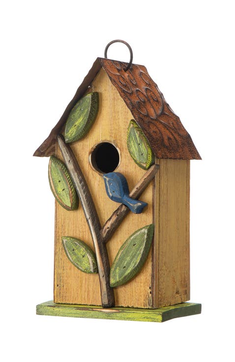 10"H Multicolor Cute Distressed Solid Wood Birdhouse with 3D Flowers