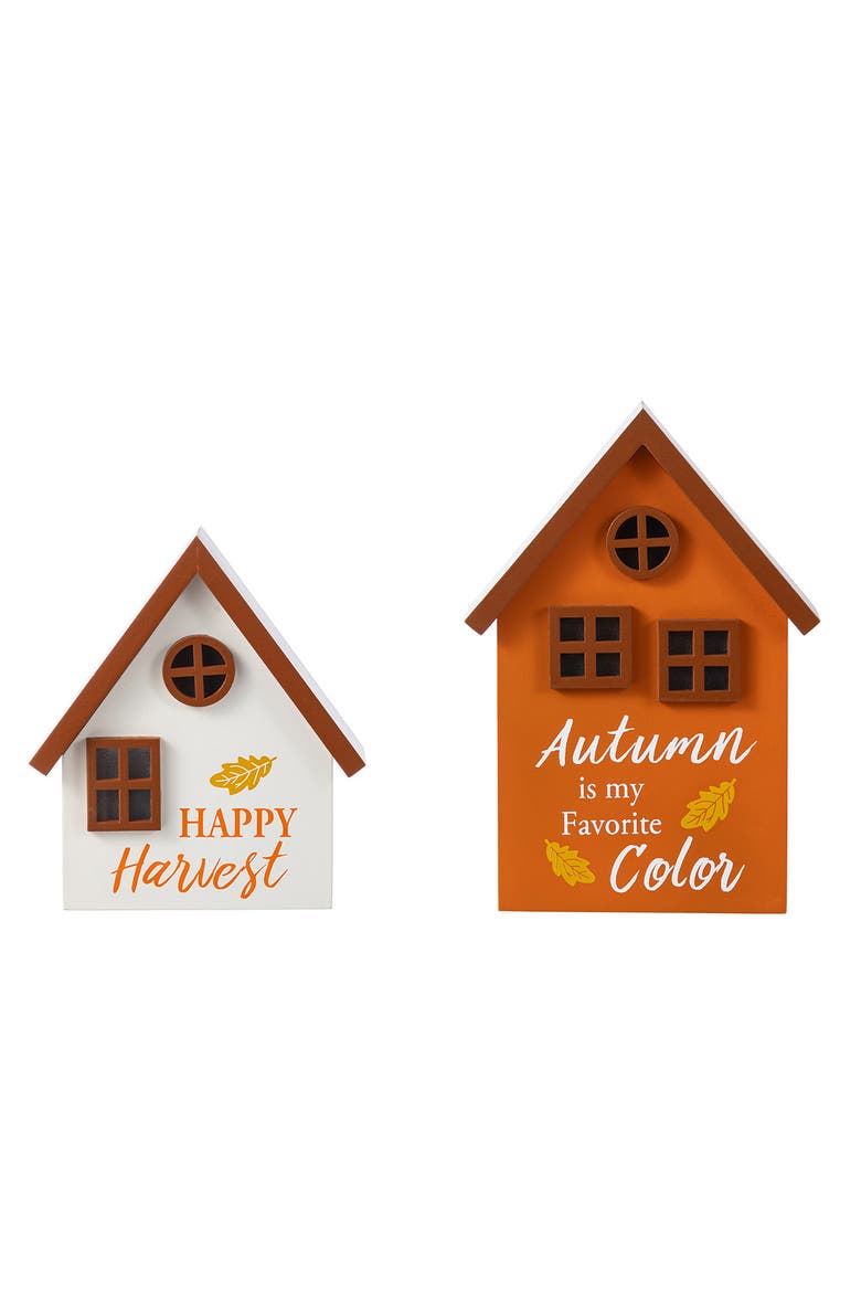 Set of 2 Lighted Fall Wooden House-shaped Table Decor, Alternate, color, Orange