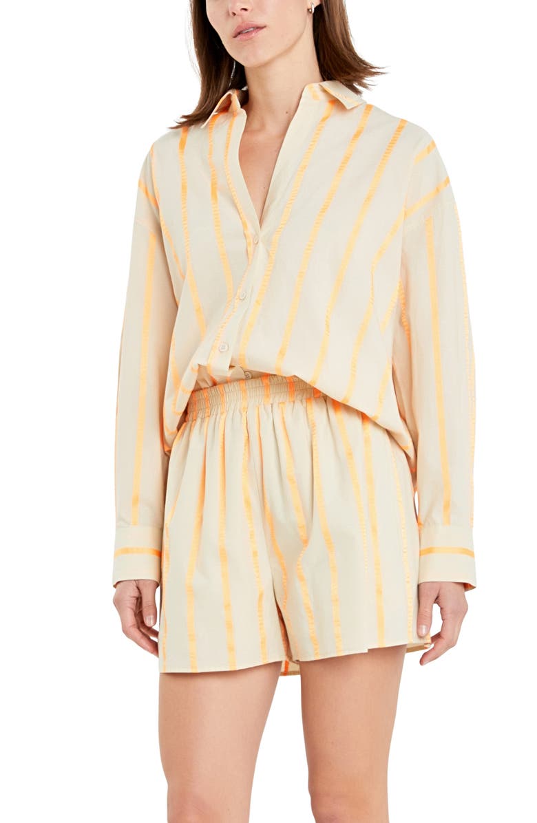 English Factory Oversize Taped Stripe Long Sleeve Button-Up Shirt, Alternate, color, Beige/ Orange