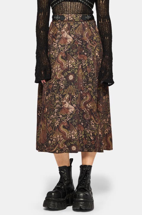 Haunt Medieval Print Buckle Midi Skirt