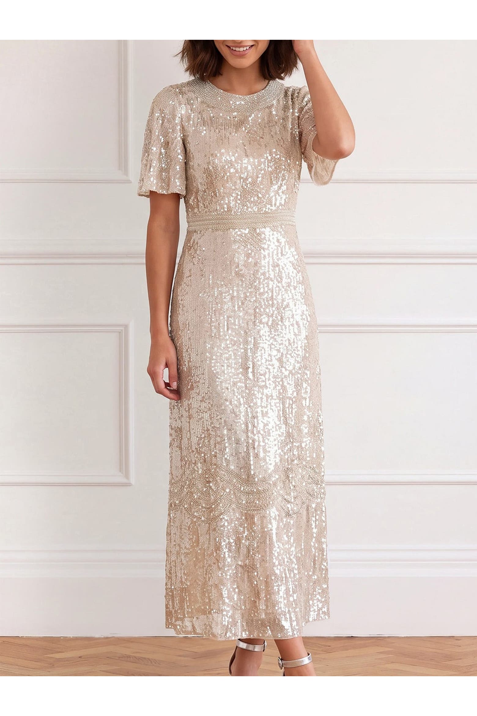 Figure Dress Code Needle & Thread Luminara Short Sleeve Sequin Maxi Dress (Women) | Nordstrom