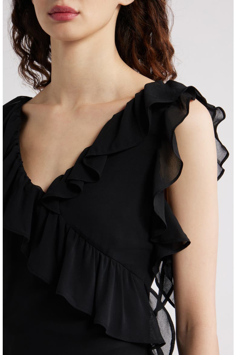 Cap Sleeve Cascading Ruffle Gown, Alternate, color, BLACK