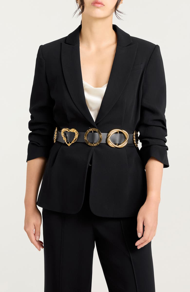 Cinq à Sept Ruched Sleeve Belted Blazer, Main, color, Black