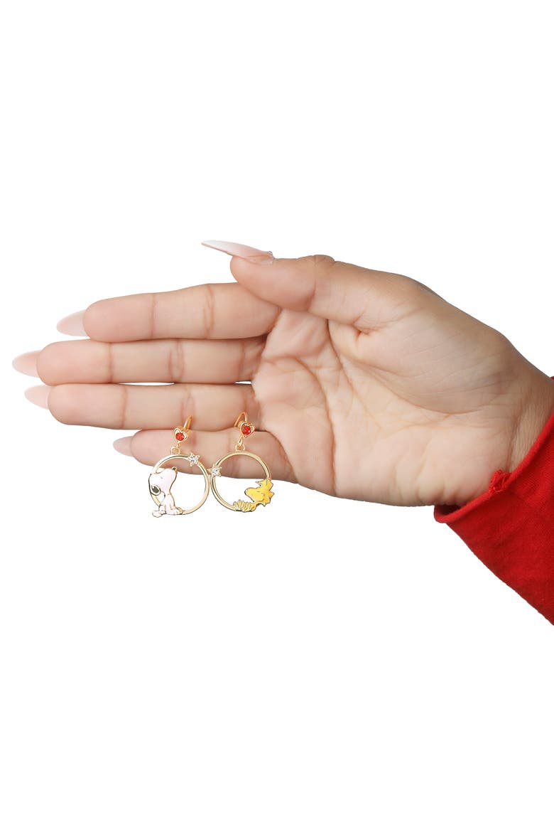 Woodstock and Snoopy Mismatch Dangle Hoop Earrings for Women, Alternate, color, Gold