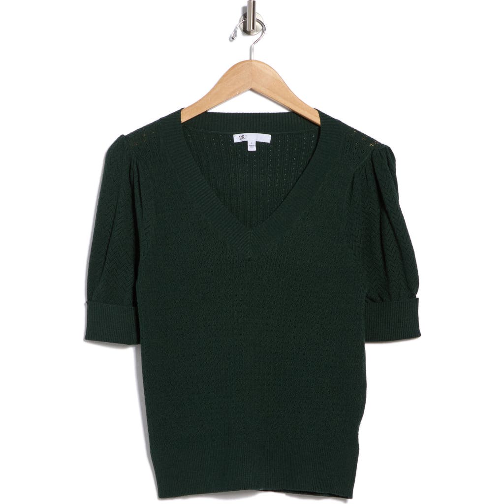 Dr2 By Daniel Rainn V-neck Short Sleeve Pointelle Sweater In Green