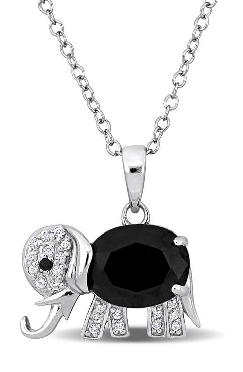 Black Spinel & White Topaz Elephant Pendant Necklace