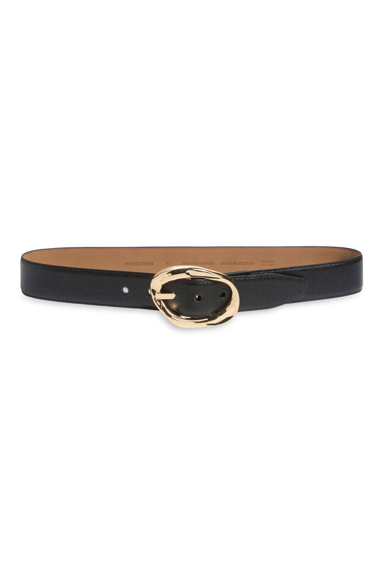 Cora Oval Buckle Leather Belt, Main, color, BLACK- GOLD