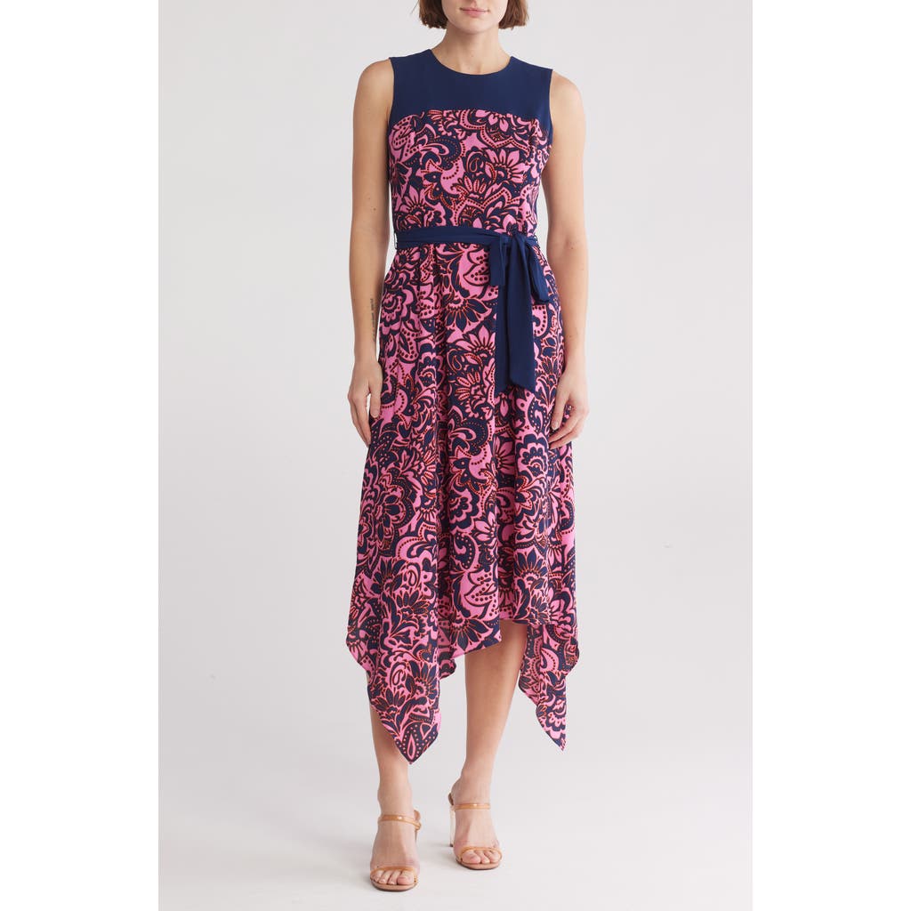 VINCE CAMUTO VINCE CAMUTO COLORBLOCK SLEEVELESS HANDKERCHIEF HEM CREPE MIDI DRESS