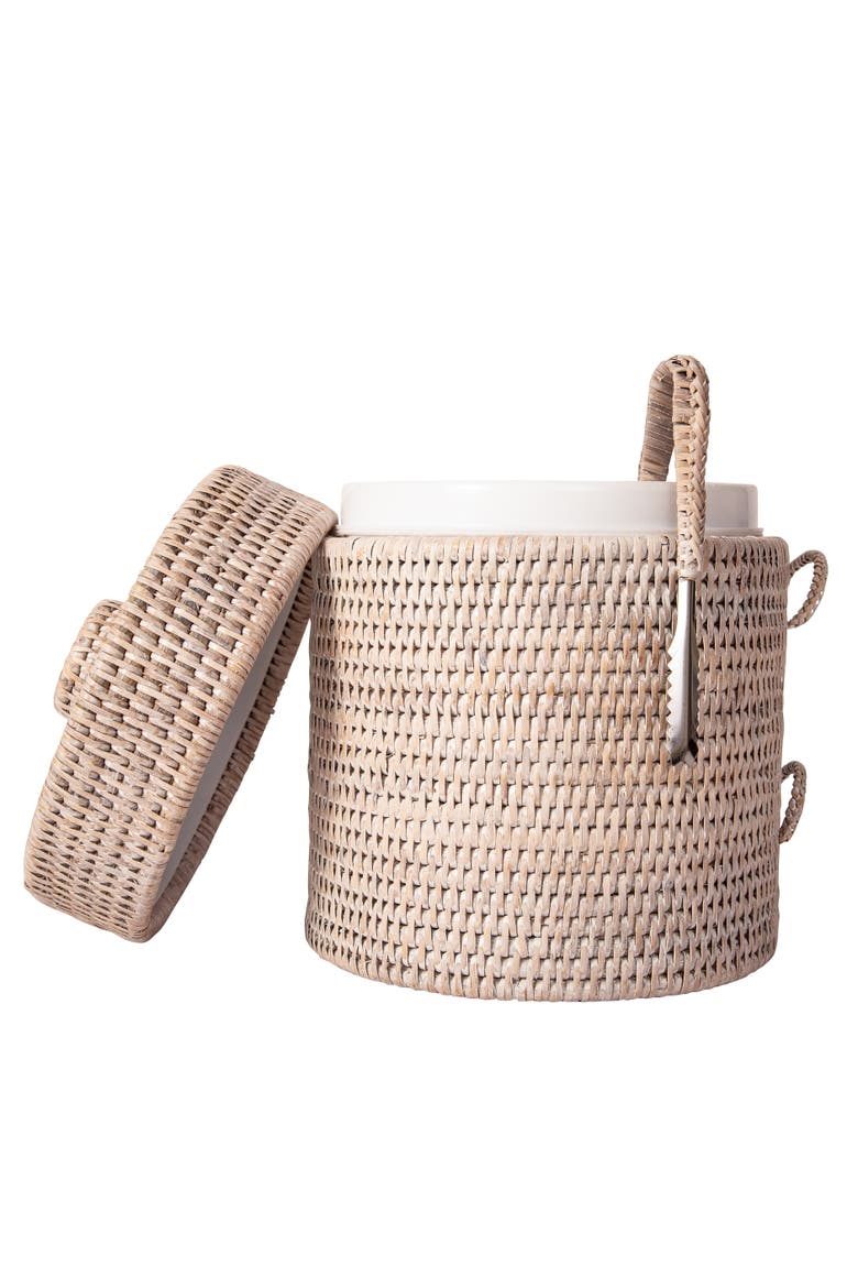 Rattan Ice Bucket with Tongs, Main, color, White Wash