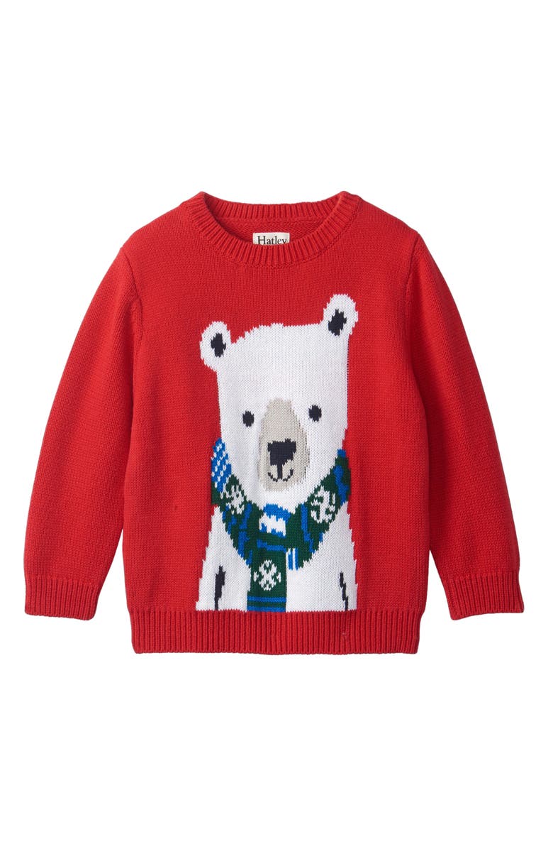 Hatley Kids' Holiday Bear Intarsia Cotton Blend Crewneck Sweater, Main, color, Red
