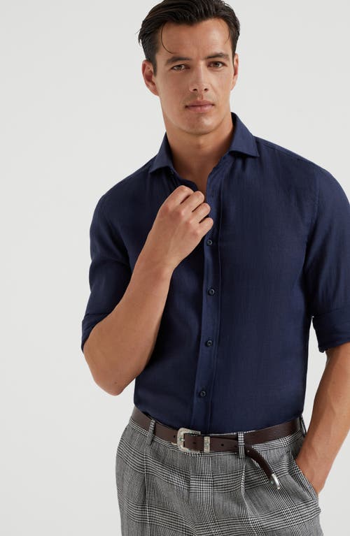 Brunello Cucinelli Men's Linen Easy Fit Shirt With Spread Collar In Navy Blue