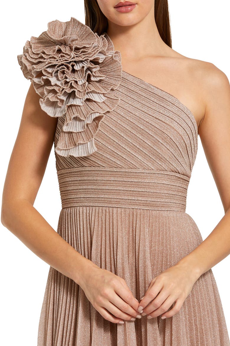 Petite Pleated Metallic One Shoulder Gown With Ruffle, Alternate, color, Champagne